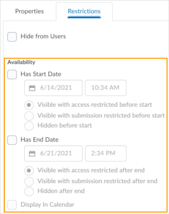 The new consolidated options for visibility and posting restrictions in the Restrictions tab