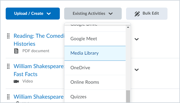 The Media Library option in the Existing Activities dropdown menu of the Content experience.