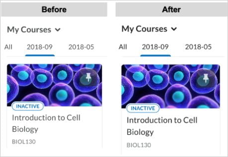 Before and after showing the updated font colour visible in the My Courses widget. 