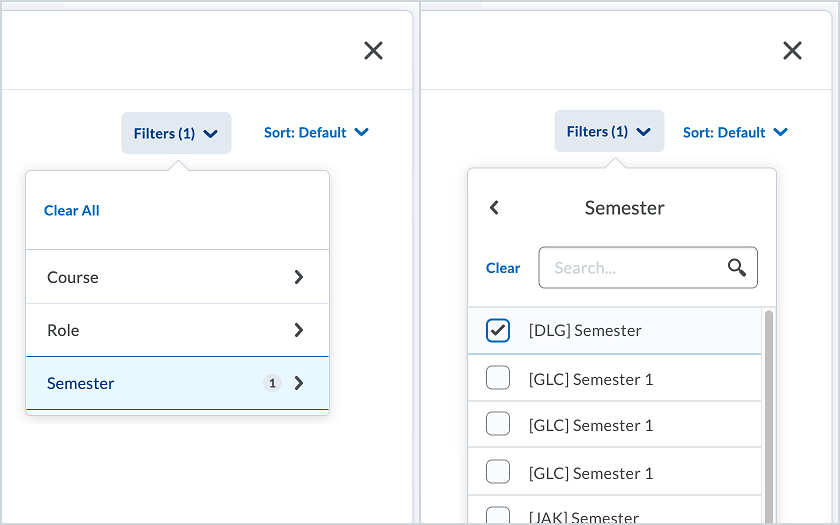 A comparison of the new and previous My Courses Widget filters.