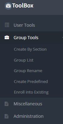 The Toolbox menu showing the available Group tools.