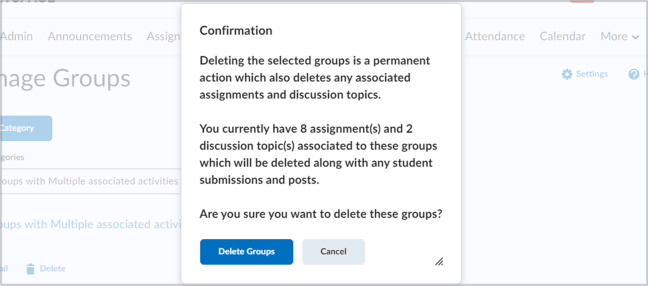 The updated Confirmation dialog showing details of associated activities to be deleted.