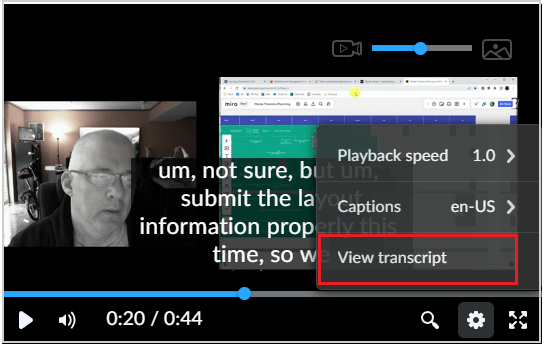 Media Player with the View transcript option highlighted.