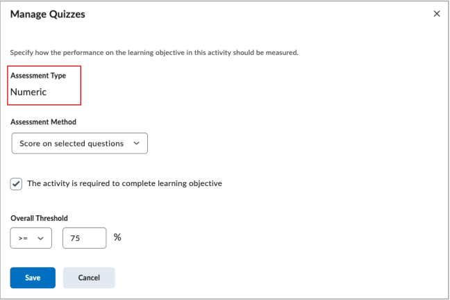 The new Manage Quizzes page, without the Rubric assessment type option displayed.