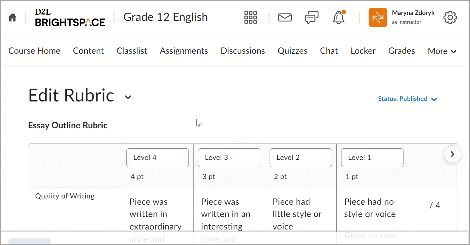 The Edit Rubric window with changes highlighted and indicated with the word Edited.