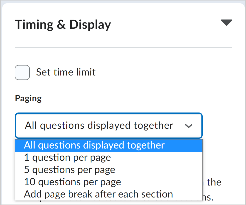 The new paging options in the Timing & Display menu in the new quiz creation experience.