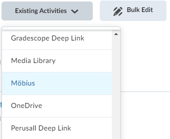 The Möbius integration highlighted in the Content tool Existing Activities menu.