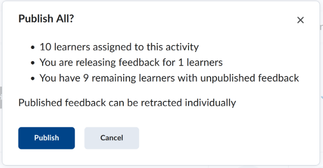 Review learner evaluation information in the Publish All dialog before clicking Publish in Dropbox and Discussions.