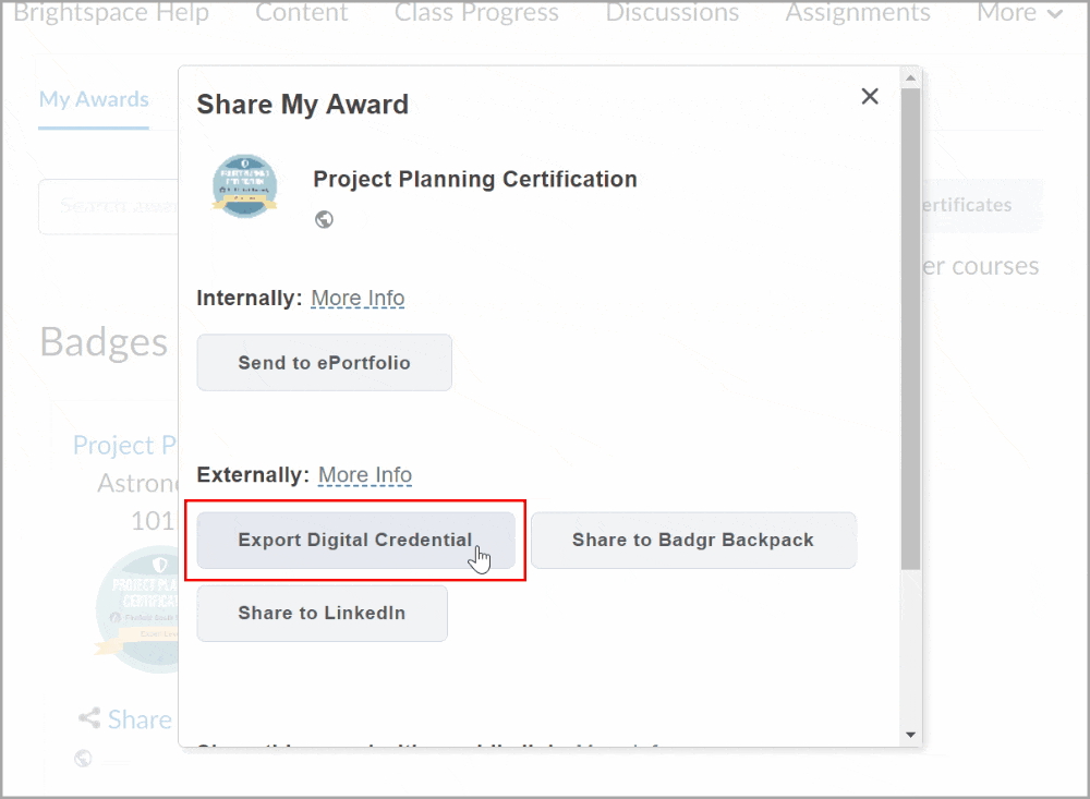 When using the Share option in Awards, click the new Export Digital Credential option.