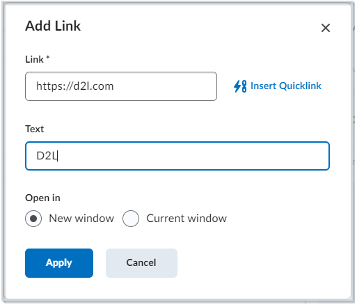 The Add Link dialog with the link d2l.com and text D2L. Open in a new window is selected. Access it using the context menu, or with keyboard shortcuts.