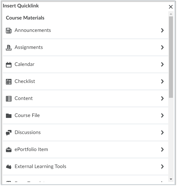 The Insert Quicklink menu with the updated icon style. All icons are black and white.